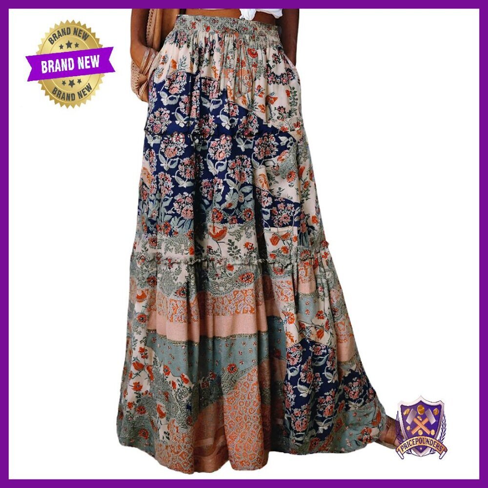 Boho Maxi Skirt Elastic Waist Flowy Long A-Line Tiered Ruffle